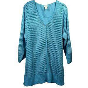 Chicos Crochet Open Knit Tunic Pullover L Layered Tank Slits Blue‎ Boho V Neck
